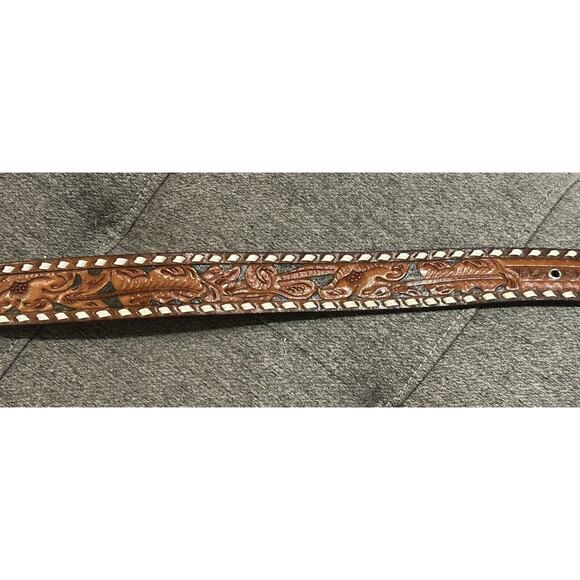Vintage Tooled Stitched Western Cowboy Leather Belt - Picture 6 of 12